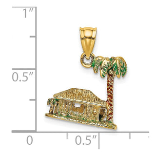 14k Yellow Gold 3-D w/ Enamel Palm Tree and Hut Pendant