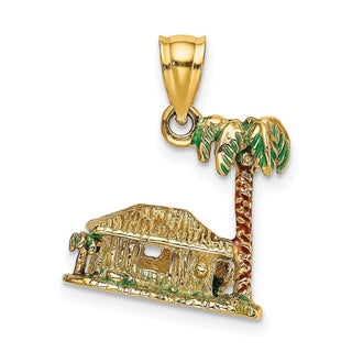 14k Yellow Gold 3-D w/ Enamel Palm Tree and Hut Pendant