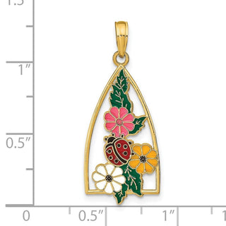 14k Yellow Gold Enameled Ladybug and Flowers Pendant