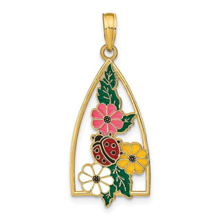 14k Yellow Gold Enameled Ladybug and Flowers Pendant