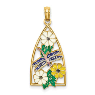 14k Yellow Gold Enamel Dragonfly and Flowers In Triangle Pendant