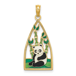14k Yellow Gold Enamel Panda Bear and Bamboo-Style Pendant