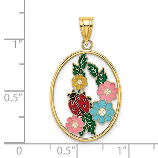 14k Yellow Gold Stained Glass w/Enamel Oval Ladybug Pendant