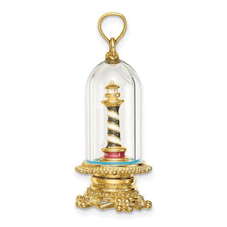 14k Yellow Gold 3-D Enamel Lighthouse In Glass Dome Pendant