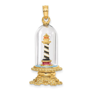 14k Yellow Gold 3-D Enamel Lighthouse In Glass Dome Pendant