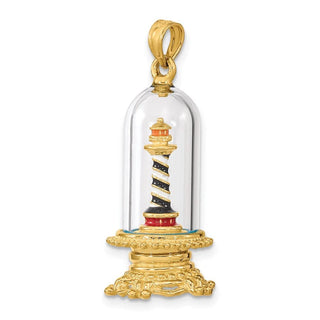 14k Yellow Gold 3-D Enamel Lighthouse In Glass Dome Pendant