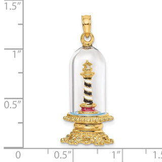 14k Yellow Gold 3-D Enamel Lighthouse In Glass Dome Pendant