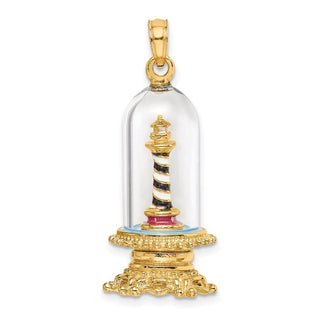 14k Yellow Gold 3-D Enamel Lighthouse In Glass Dome Pendant