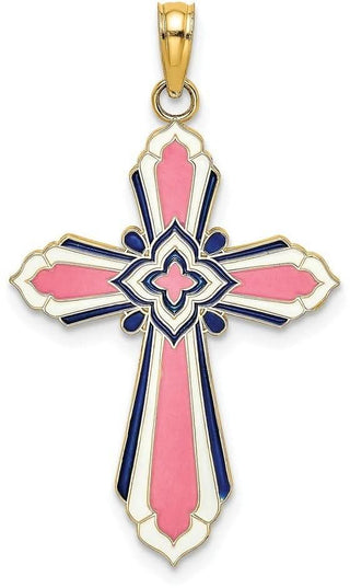 14k Yellow Gold 3-D with Pink and White Enamel Cross Pendant