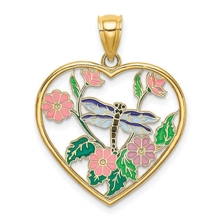 14k Yellow Gold Enamel Dragonfly and Flower In Heart Pendant