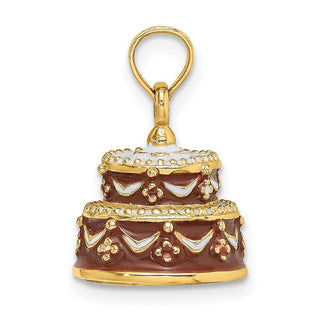14k Yellow Gold 3-D Happy Birthday Cake w/Brown Frosting Pendant