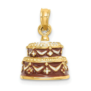 14k Yellow Gold 3-D Happy Birthday Cake w/Brown Frosting Pendant