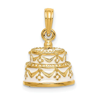 14k Yellow Gold Polished Enameled Just Married 3-D Wedding Cake Pendant