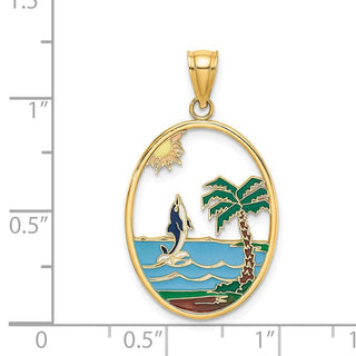 14k Yellow Gold Enamel Dolphin Jumping In Beach Scene Pendant