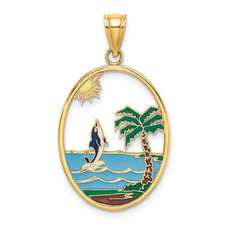 14k Yellow Gold Enamel Dolphin Jumping In Beach Scene Pendant