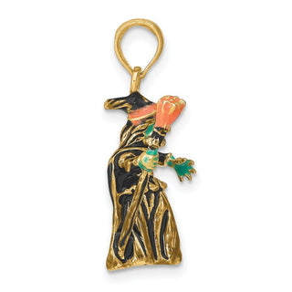 14k Yellow Gold 3-D Enameled Witch w/Broom Pendant