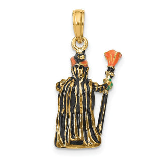 14k Yellow Gold 3-D Enameled Witch w/Broom Pendant