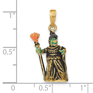 14k Yellow Gold 3-D Enameled Witch w/Broom Pendant