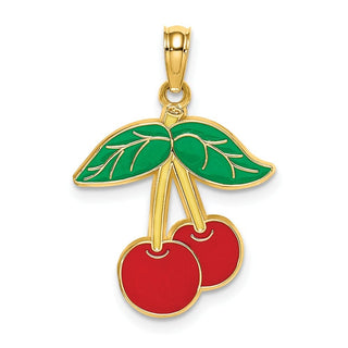 14k Yellow Gold Cherries With Enamel Leaf Pendant