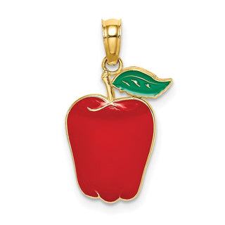 14k Yellow Gold Enamel Red Delicious Apple W/Stem and Leaf Pendant