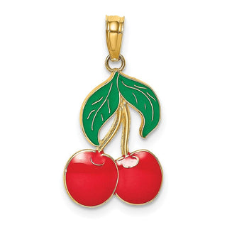 14k Yellow Gold w/ Enamel 2-D Cherries with Stem and Leaf Pendant