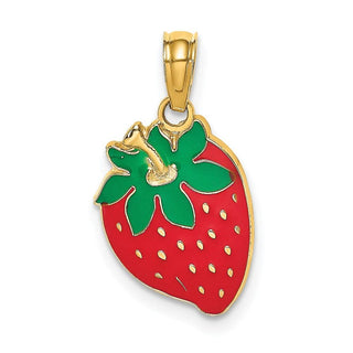 14k Yellow Gold w/ Enamel 2-D Strawberry with Stem and Leaf Pendant