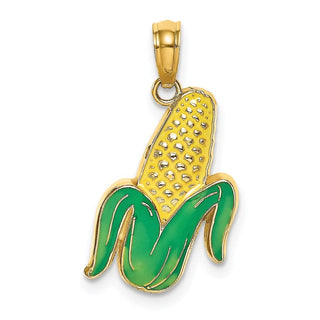 14k Yellow Gold w/Enamel 2-D Corn with Peeled Husk Pendant