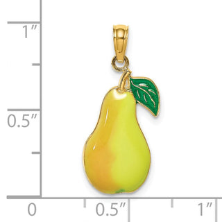 14k Yellow Gold w/ Enamel 2-D Comice Pear with Stem and Leaf Pendant