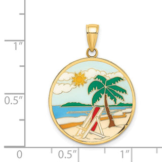 14k Yellow Gold Enamel Beach Scene On Round Disc Pendant