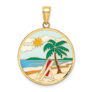 14k Yellow Gold Enamel Beach Scene On Round Disc Pendant