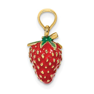 14k Yellow Gold w/ Enamel 3-D Strawberry and Leaf Pendant