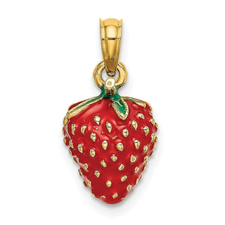14k Yellow Gold w/ Enamel 3-D Strawberry and Leaf Pendant