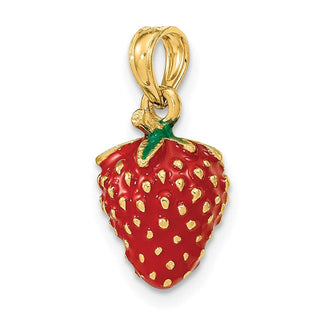 14k Yellow Gold w/ Enamel 3-D Strawberry and Leaf Pendant