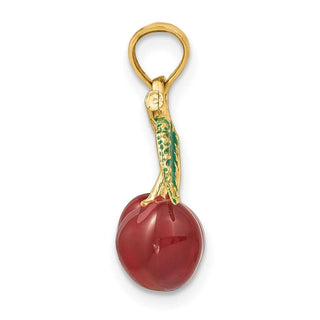14k Yellow Gold 3-D Enamel Cherries w/ Stem and Leaf Pendant