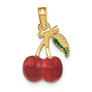 14k Yellow Gold 3-D Enamel Cherries w/ Stem and Leaf Pendant