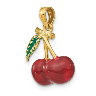 14k Yellow Gold 3-D Enamel Cherries w/ Stem and Leaf Pendant