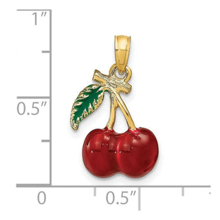 14k Yellow Gold 3-D Enamel Cherries w/ Stem and Leaf Pendant