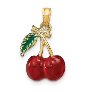 14k Yellow Gold 3-D Enamel Cherries w/ Stem and Leaf Pendant