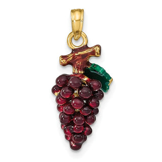 14k Yellow Gold 3-D Enamel Purple Grapes w/ Stem and Leaf Pendant