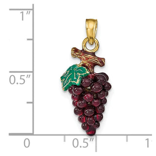 14k Yellow Gold 3-D Enamel Purple Grapes w/ Stem and Leaf Pendant
