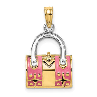 14k Yellow Gold And Rhodium 3-D Pink Enameled Handbag Moveable Pendant