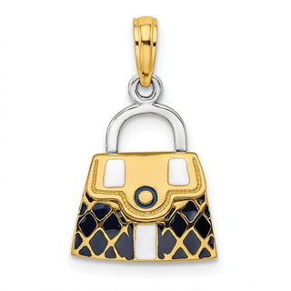 14k Yellow Gold & Rhodium 3-D Black Opens Quilted Handbag Pendant