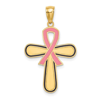 14k Yellow Gold Enamel Pink Ribbon Breast Cancer Cross Pendant