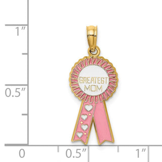 14k Yellow Gold Enamel Greatest Mom Pink Ribbon Pendant