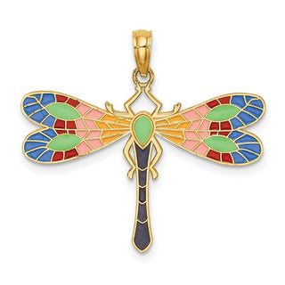 14k Yellow Gold Multi Color Enamel Dragonfly Pendant K6985