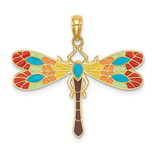 14k Yellow Gold Multi Color Enamel Dragonfly Pendant K6986
