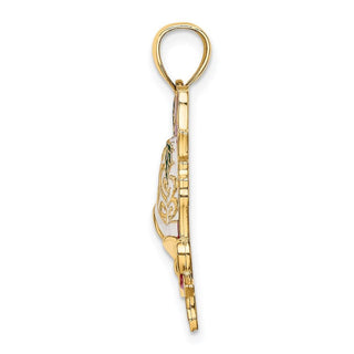 14k Yellow Gold Enamel Holiday Bells and Holly Pendant
