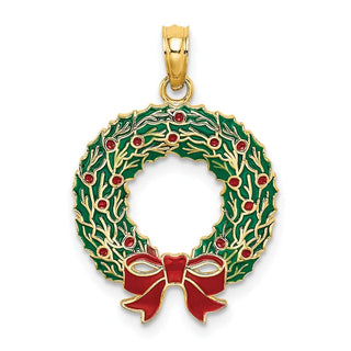14k Yellow Gold Enamel Christmas Wreath Pendant