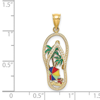 14k Yellow Gold Enamel Palm Tree Beach Scene Flip-Flop Pendant