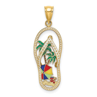 14k Yellow Gold Enamel Palm Tree Beach Scene Flip-Flop Pendant
